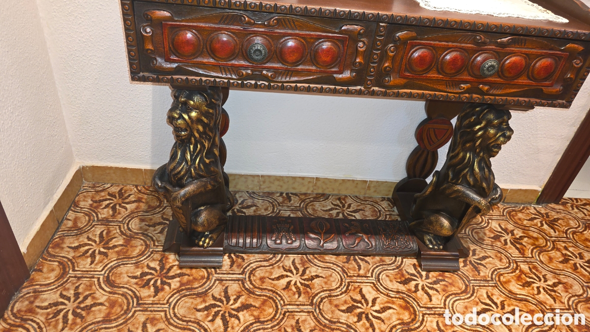 Antig&uuml;edades: Conjunto de Recibidor Vintage Estilo Castellano &ndash; Mesa Consola y Espejo