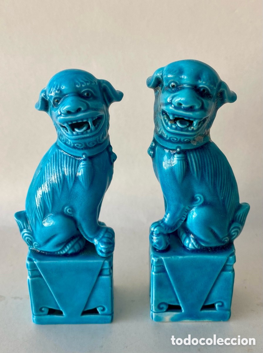Antig&uuml;edades: Pareja de perros Fu Foo porcelana azul turquesa Segunda mitad Siglo XX