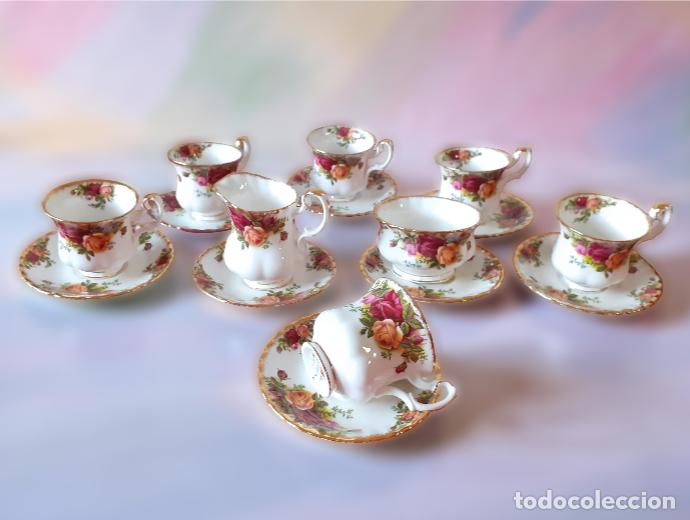 Antig&uuml;edades: Servicio t&eacute;/caf&eacute; para 6 con Lechera y Azucarero Royal Albert Old Country Roses
