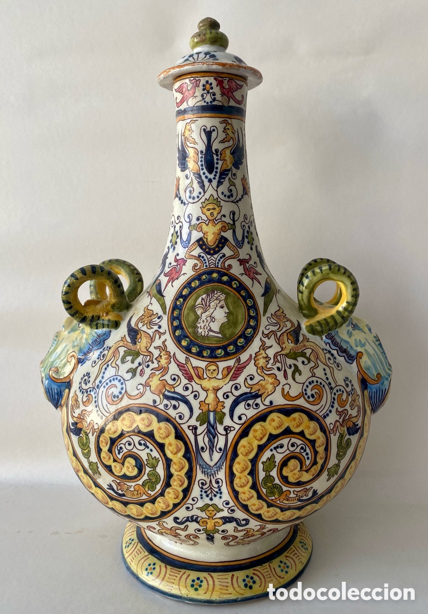 Antig&uuml;edades: Botella en forma de botijo de cer&aacute;mica France Rouen de principios Siglo XX