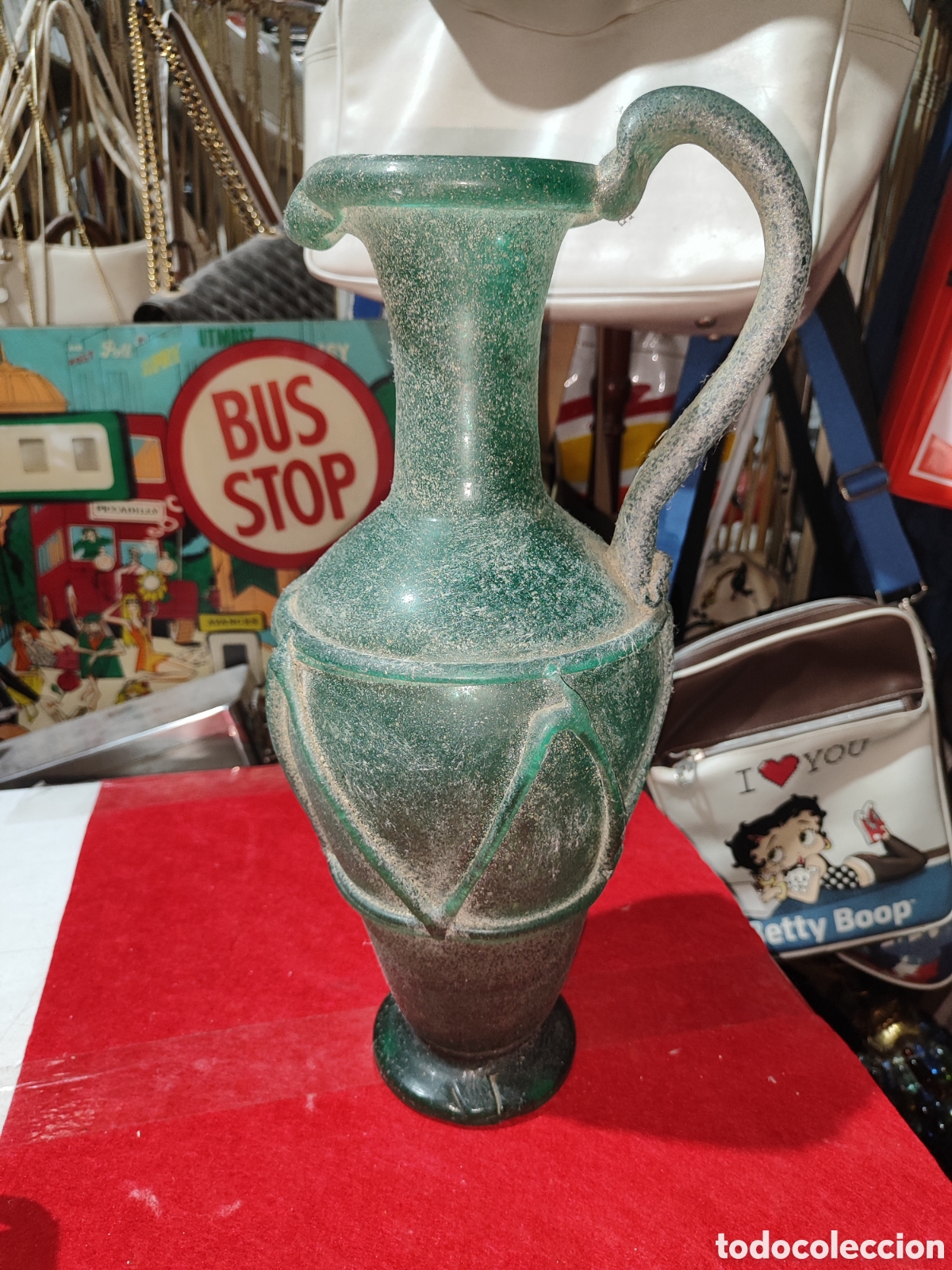 Antig&uuml;edades: R&eacute;plica antigua jarra jarr&oacute;n de cristal verde estilo romano soplado a mano