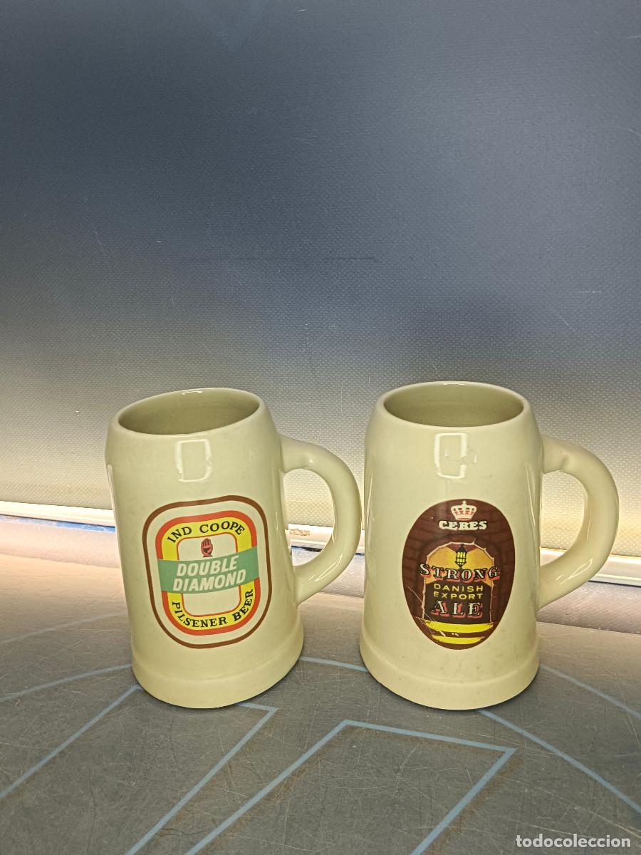Antig&uuml;edades: Dos JARRAS de CERVEZA , double diamond + ceres PORCELANA VITROSAN