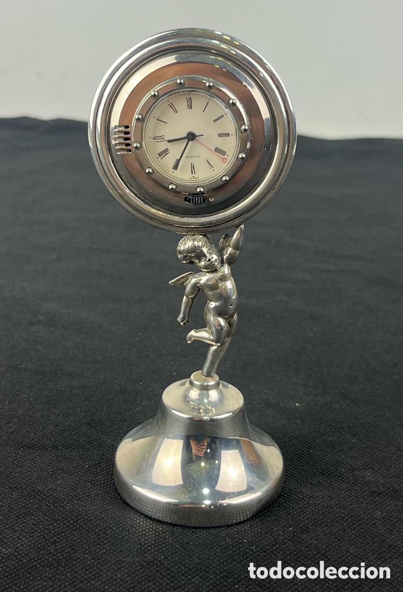 Antig&uuml;edades: RELOJ DE SOBREMESA EN PLATA CON ANGELITO A DOBLE CUERPO