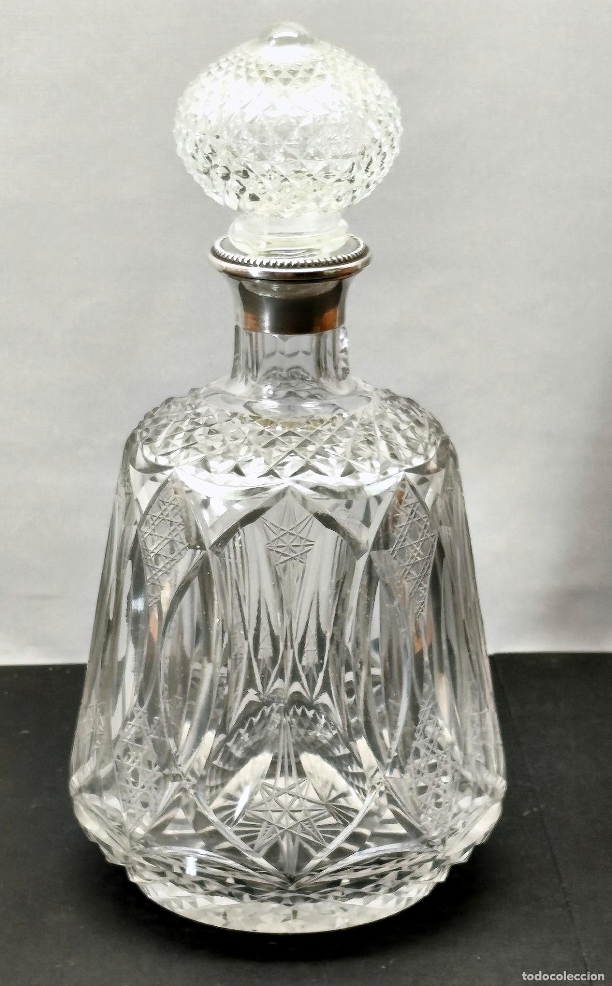 Antig&uuml;edades: ANTIGUA BOTELLA PARA LICOR EN CRISTAL TALLADO Y PLATA CON CONTRASTE - MEDIADOS S.XX