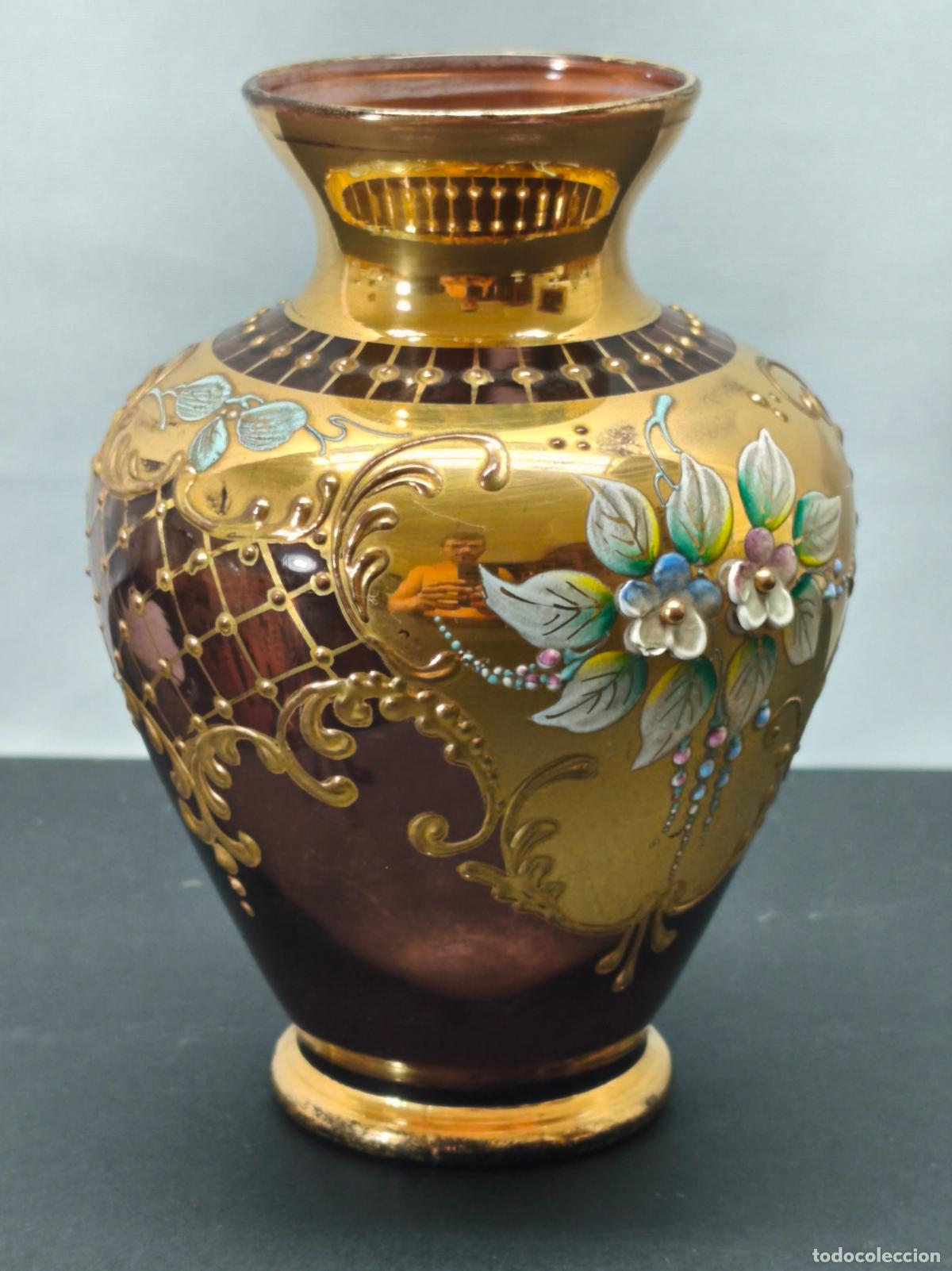 Antig&uuml;edades: ANTIGUO JARRON FLORERO CRISTAL MURANO DORADO FLORES PINTADO MANO BOHEMIA