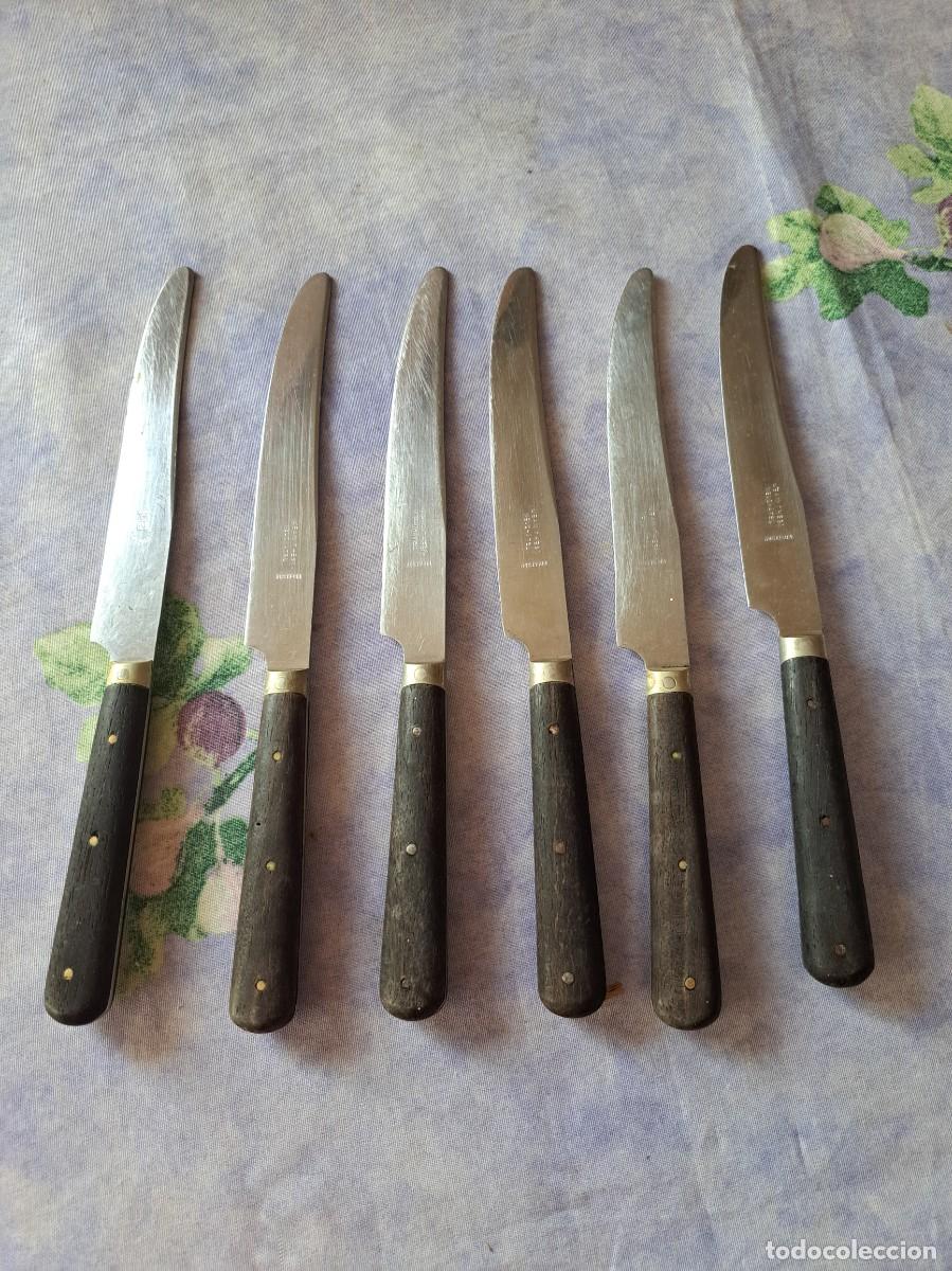Antig&uuml;edades: Antiguo Juego de 6 cuchillos de mesa Jean Chesi, rostfrei, mango de madera