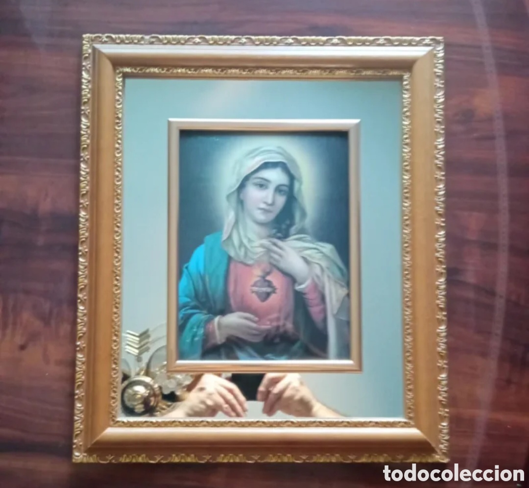 Antig&uuml;edades: Precioso cuadro decorativo de la Virgen Mar&iacute;a con el Sagrado Coraz&oacute;n. Espejo. Medidas 37x43