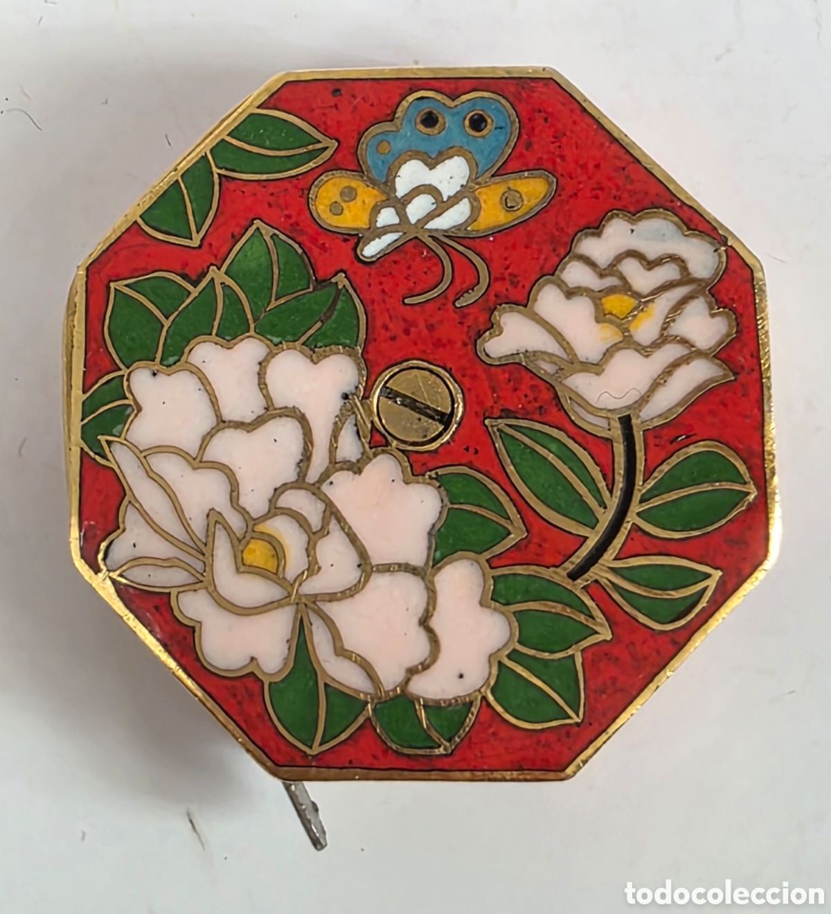 Antig&uuml;edades: Antigua Cinta M&eacute;trica Cloisonne&eacute; - Flores y Mariposa - Decoraci&oacute;n Esmalte