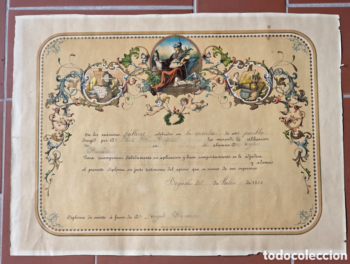 Antig&uuml;edades: Antiguo Diploma Aplicaci&oacute;n y Buen Comportamiento Ex&aacute;menes Escuela P&uacute;blica Begud&agrave; 1902 Garrotxa Cole