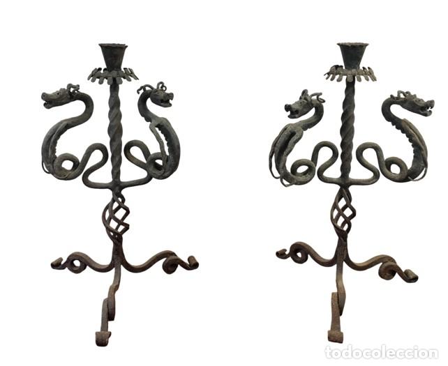 Antig&uuml;edades: PAREJA DE CANDELABROS EN FORMA DE DRAG&Oacute;N. ESTILO MODERNISTA. HIERRO FORJADO. ESPA&Ntilde;A. XIX-XX