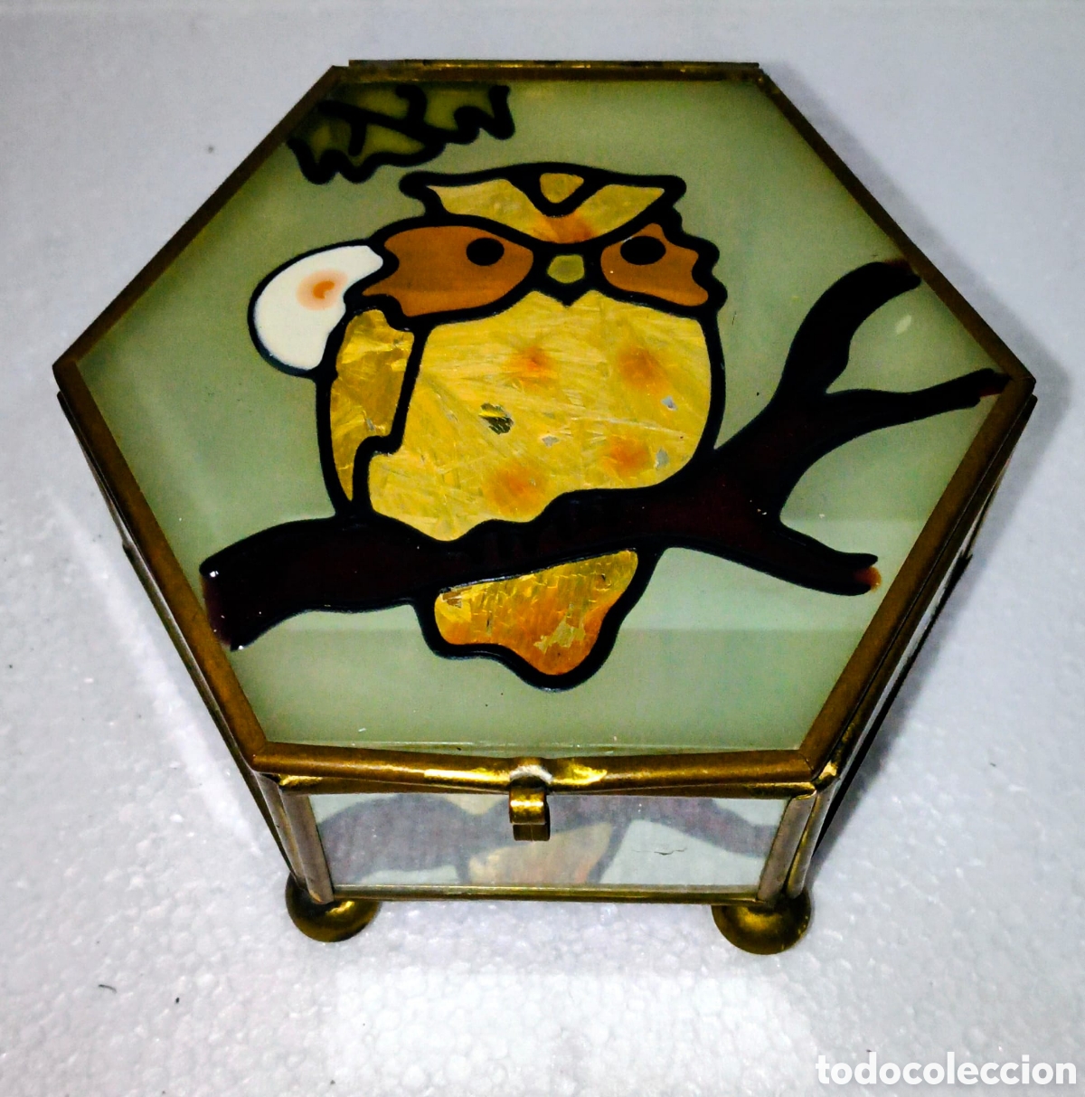 Antig&uuml;edades: Cajita joyero vintage b&uacute;ho de cristal y lat&oacute;n