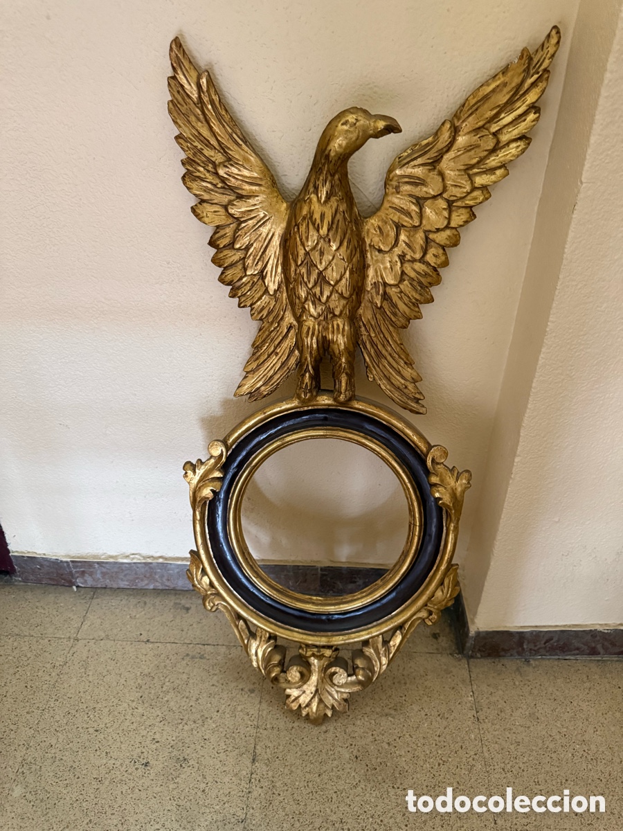 Antig&uuml;edades: Antiguo Espejo Cornucopia Talla &Aacute;guila Real Oval Bellamente Tallado / En Madera Dorado Pan De Oro