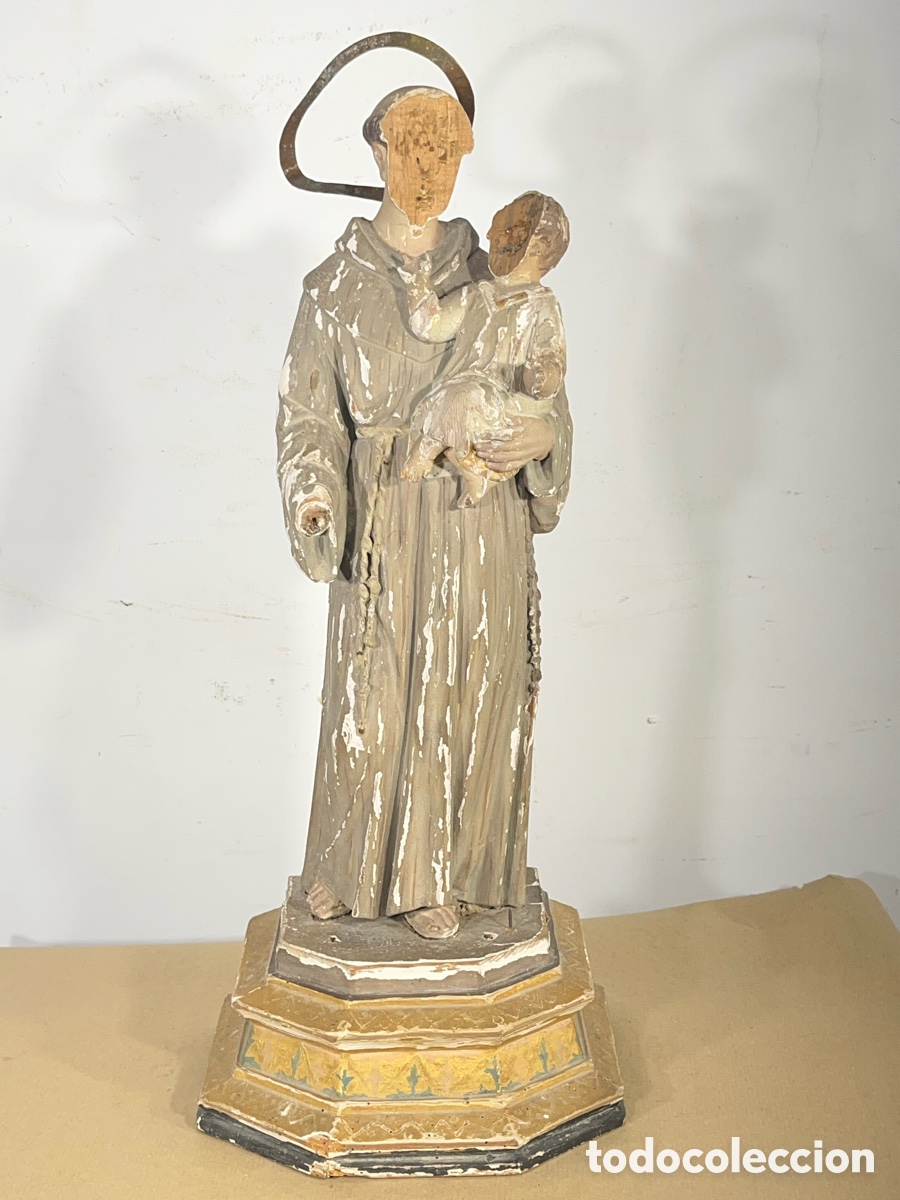 Antig&uuml;edades: Antigua Talla de Madera de San Antonio de Padua con Ni&ntilde;o Jes&uacute;s &ndash; Para Restaurar. A/J