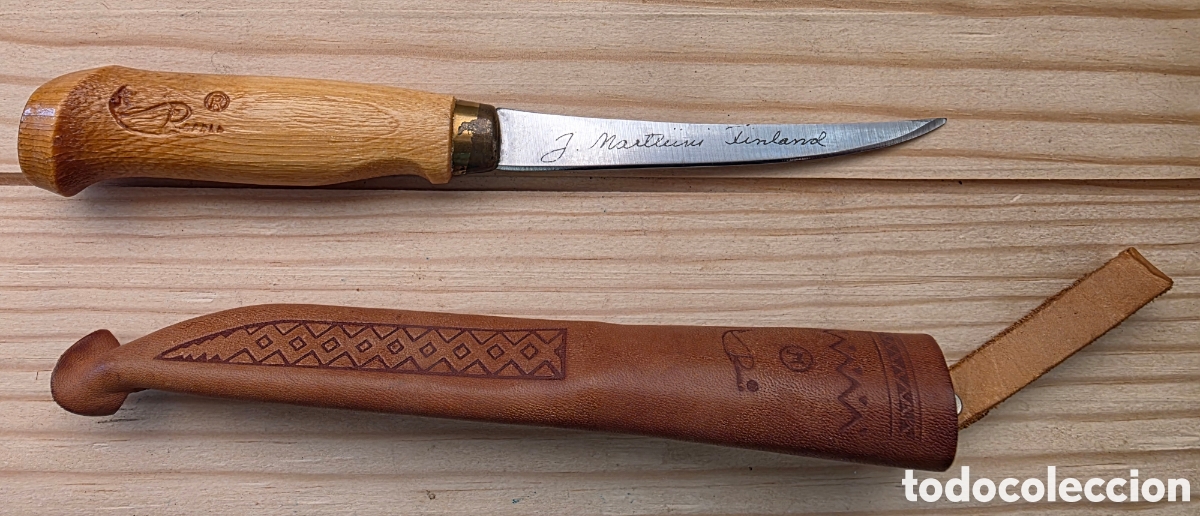 Antig&uuml;edades: Cuchillo tradicional finland&eacute;s Marttiini Finland con funda original de cuero &ndash; Puukko de colecci&oacute;n