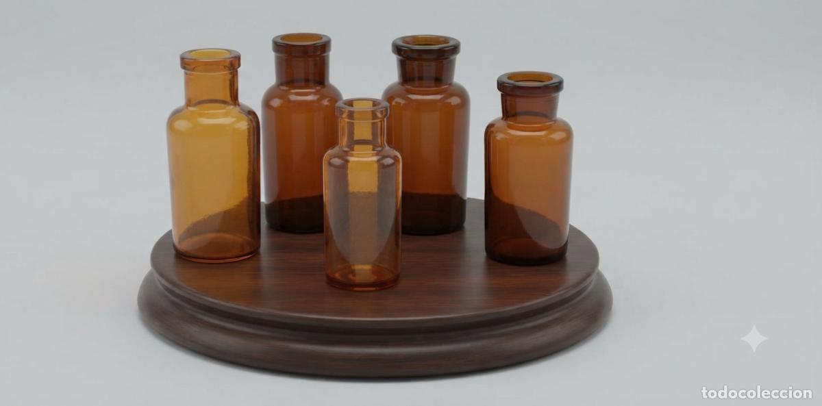 Antig&uuml;edades: 5 BOTELLAS FARMACIA COLOR &Aacute;MBAR VIDRIO SOPLADO