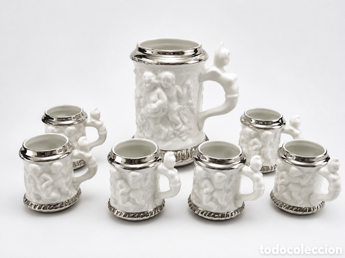 Antig&uuml;edades: Juego de cerveza Sango Made in Spain. Porcelana con querubines. Juego completo 7 piezas. Vin