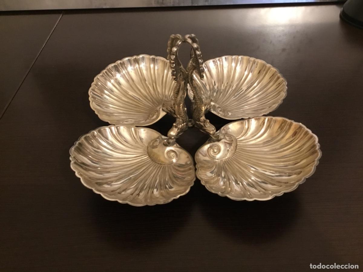 Antig&uuml;edades: ANTIGUO CONJUNTO PARA APERITIVOS - CENTRO MESA CON PECES Y CONCHAS ,Alpaca