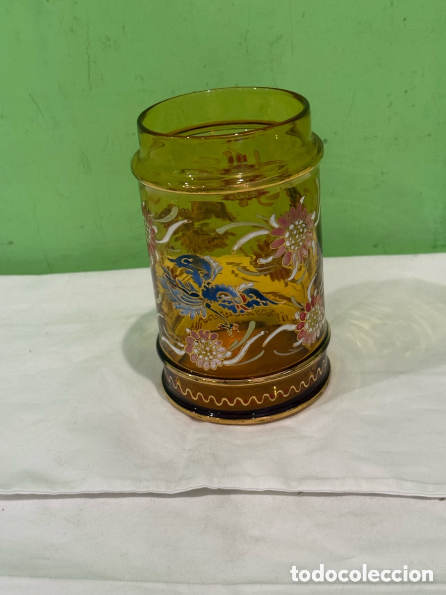Antig&uuml;edades: Bombonera de cristal &aacute;mbar vintage estilo mallorqu&iacute;n &ndash; Decoraci&oacute;n floral y aves