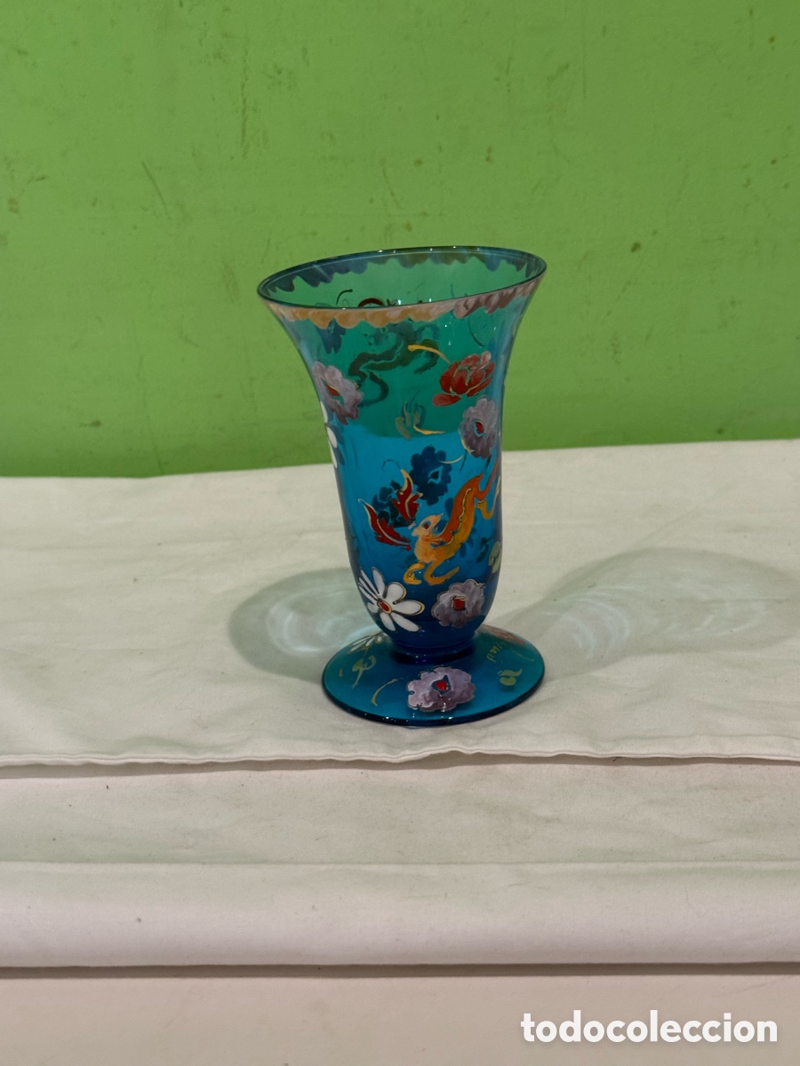 Antiques: Jarr&oacute;n de cristal azul catal&aacute;n firmado Royo &ndash; Cristal esmaltado a mano &ndash; 12 cm