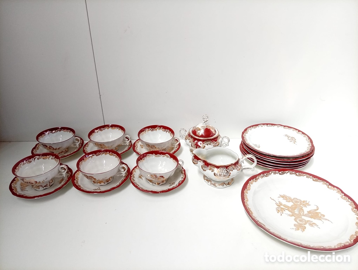 Antig&uuml;edades: . JUEGO CAF&Eacute;.-POSTRE PORCELANA HISPANIA CON FILO DORADO SEIS SERVICIOS