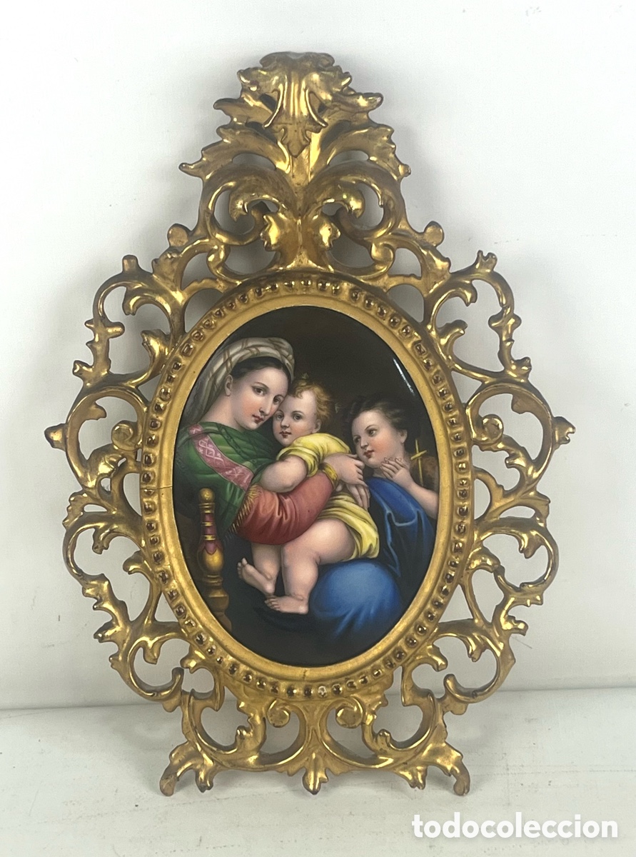 Antig&uuml;edades: ESMALTE SOBRE PORCELANA &rdquo;LA VIRGEN DE LA SILLA&rdquo; - CON CORNOCOPIA MADERA DORADA - SIGLO XIX