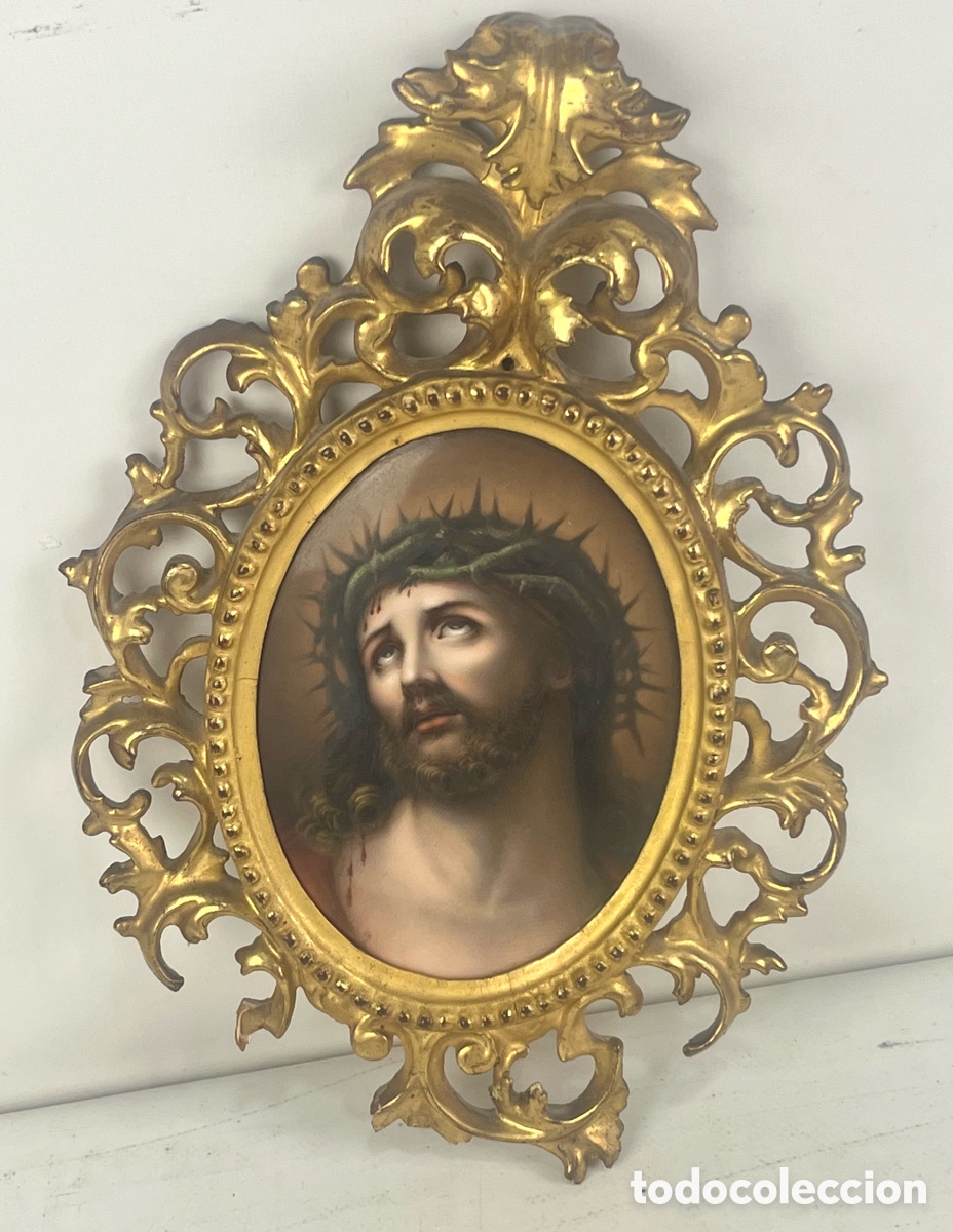 Antig&uuml;edades: ESMALTE SOBRE PORCELANA &rdquo;ECCE HOMO, CRISTO&rdquo; - CON CORNUCOPIA MADERA DORADA - SIGLO XIX