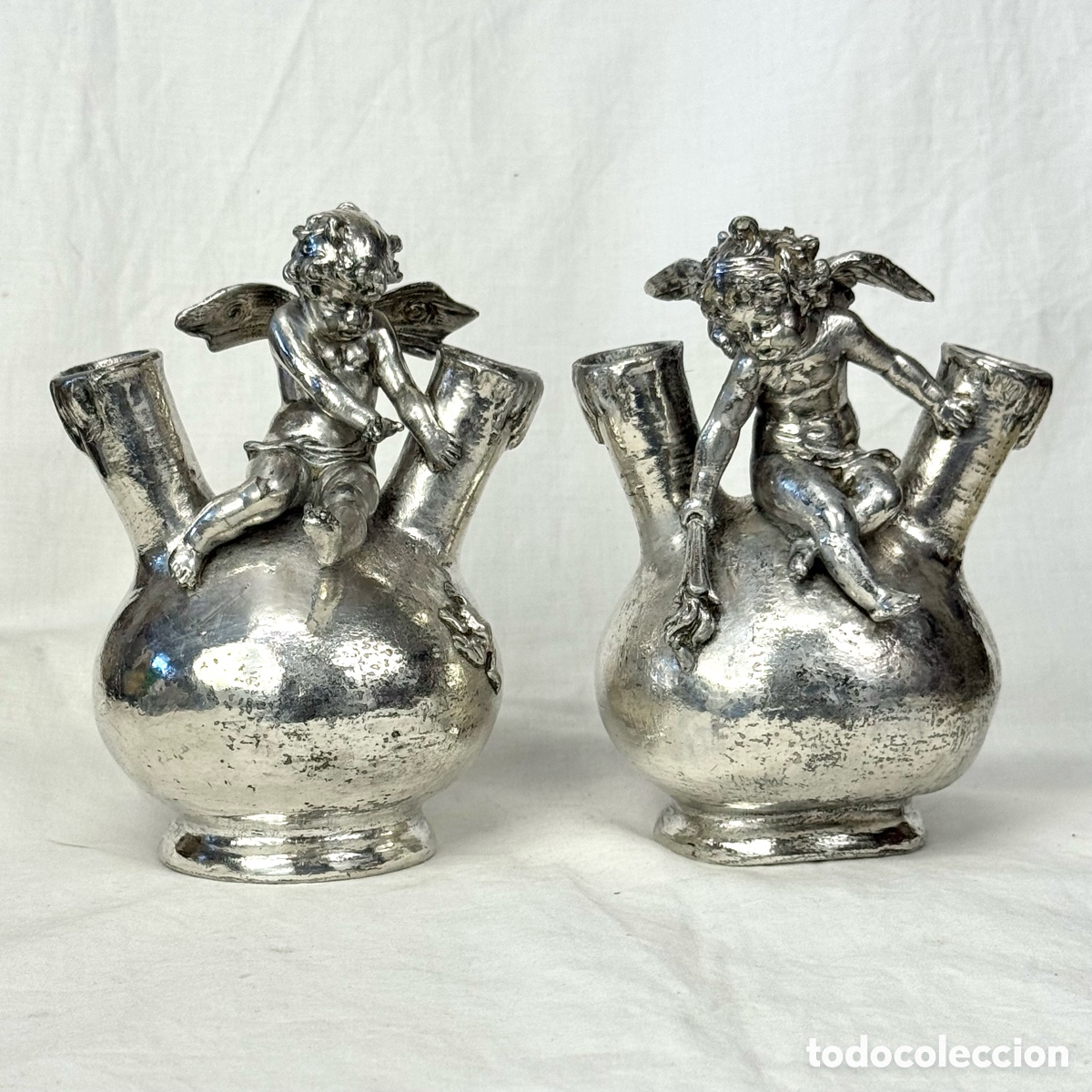 Antiquit&eacute;s: ANTIGUA PAREJA JARRONES ART NOUVEAU FERVILLE SUAN NI&Ntilde;O ANGEL PUTTI 1900