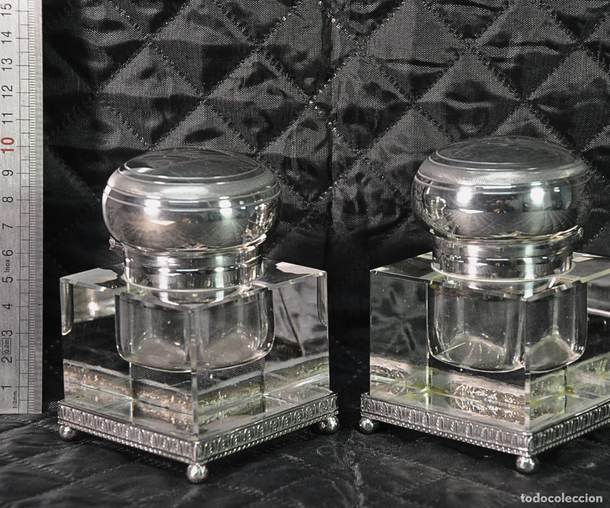 Antig&uuml;edades: PAREJA TINTEROS PLATA Y CRISTAL ARAGONESA