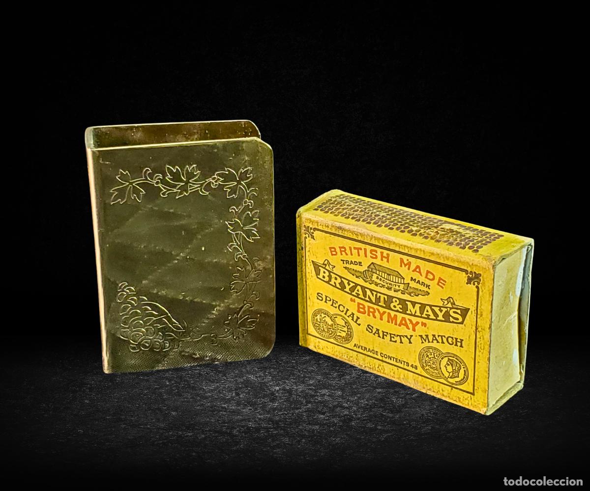 Antig&uuml;edades: Caja cerillas Bryant May funda laton grabada vtg