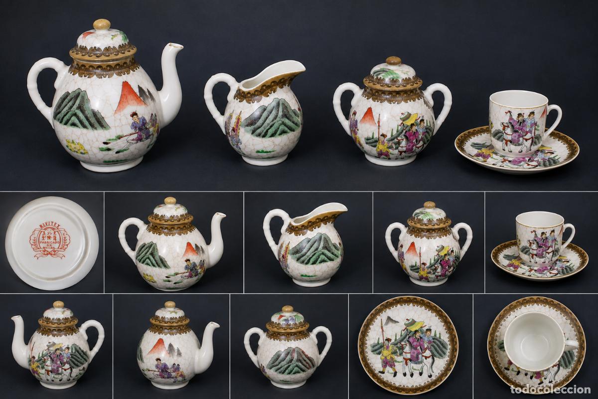 Antig&uuml;edades: Antiguo juego de caf&eacute; RIVITEX &rdquo;Fabricado en Macau&rdquo; de porcelana policromada pintada a mano