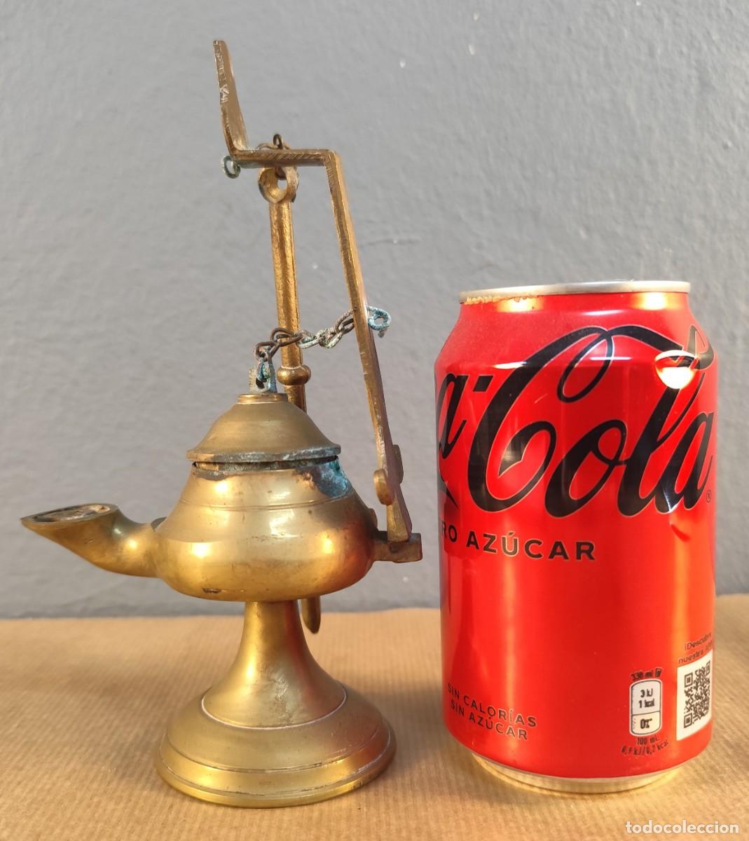 Antig&uuml;edades: L&aacute;mpara de aceite en bronce con soporte y gancho - Foto 3