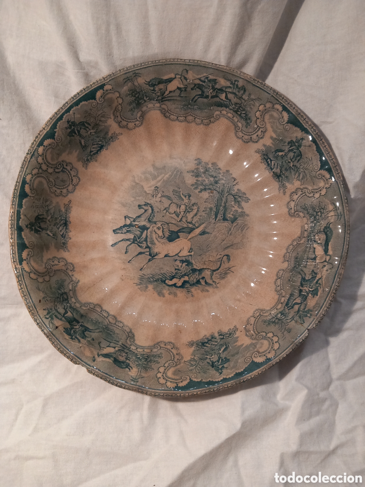 Antig&uuml;edades: magn&iacute;fica y antigua ensaladera antigua de porcelana verde de Cartagena 27cm di&aacute;metro, leer descripci