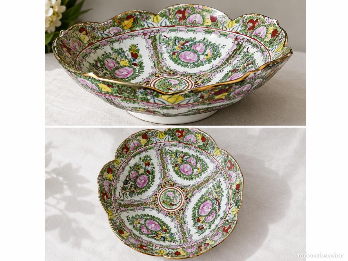 Antig&uuml;edades: Antigua ensaladera de porcelana &rdquo;Fabricado en Macau&rdquo; &ndash; Pintada a mano &ndash; Famille Rose &ndash; Vintage