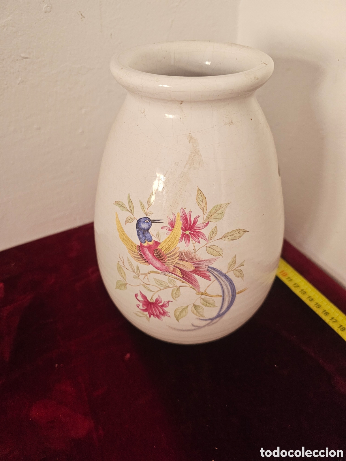 Antig&uuml;edades: Jarr&oacute;n floral de cer&aacute;mica vintage decorado con ave del para&iacute;so / p&aacute;jaro ex&oacute;tico 1940s 1960s
