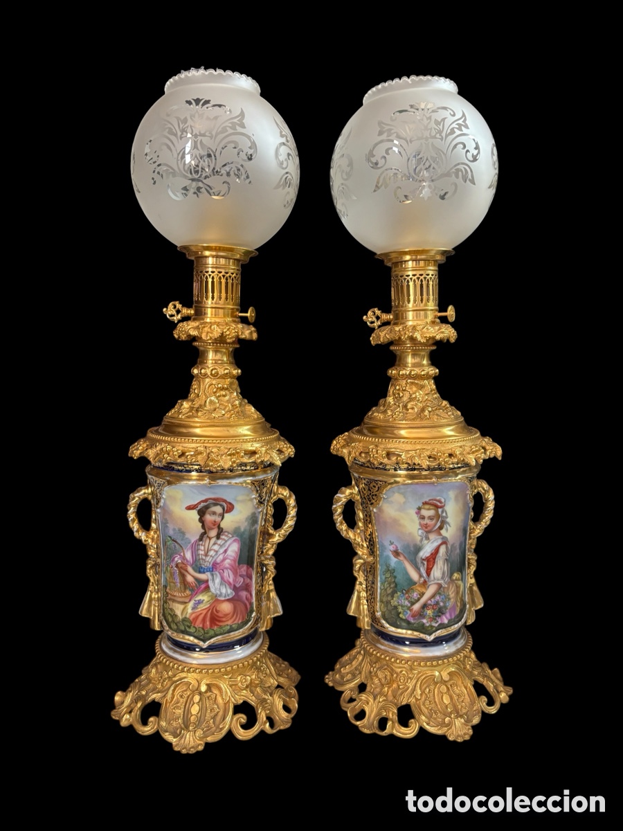 Antig&uuml;edades: Espectaculares Quinques en bronce y porcelana de Sevres