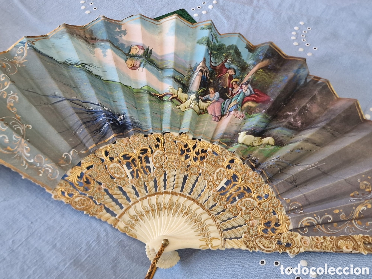 Antig&uuml;edades: ANTIGUO ABANICO HUESO O MARFIL Y PAIS DE SEDA PINTADO A MANO