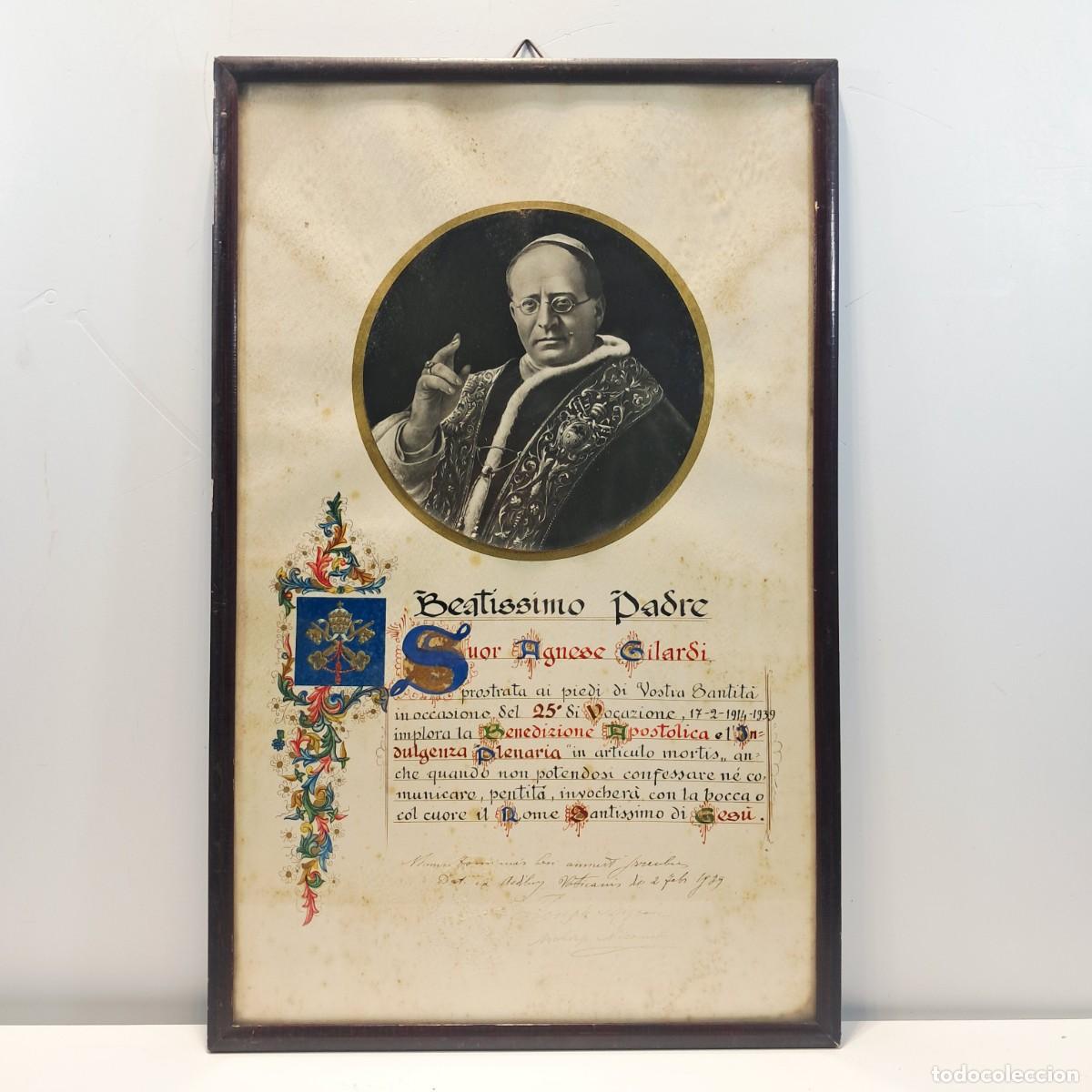 Antig&uuml;edades: Quadro con vetro contenente pergamena religiosa papale incorniciata