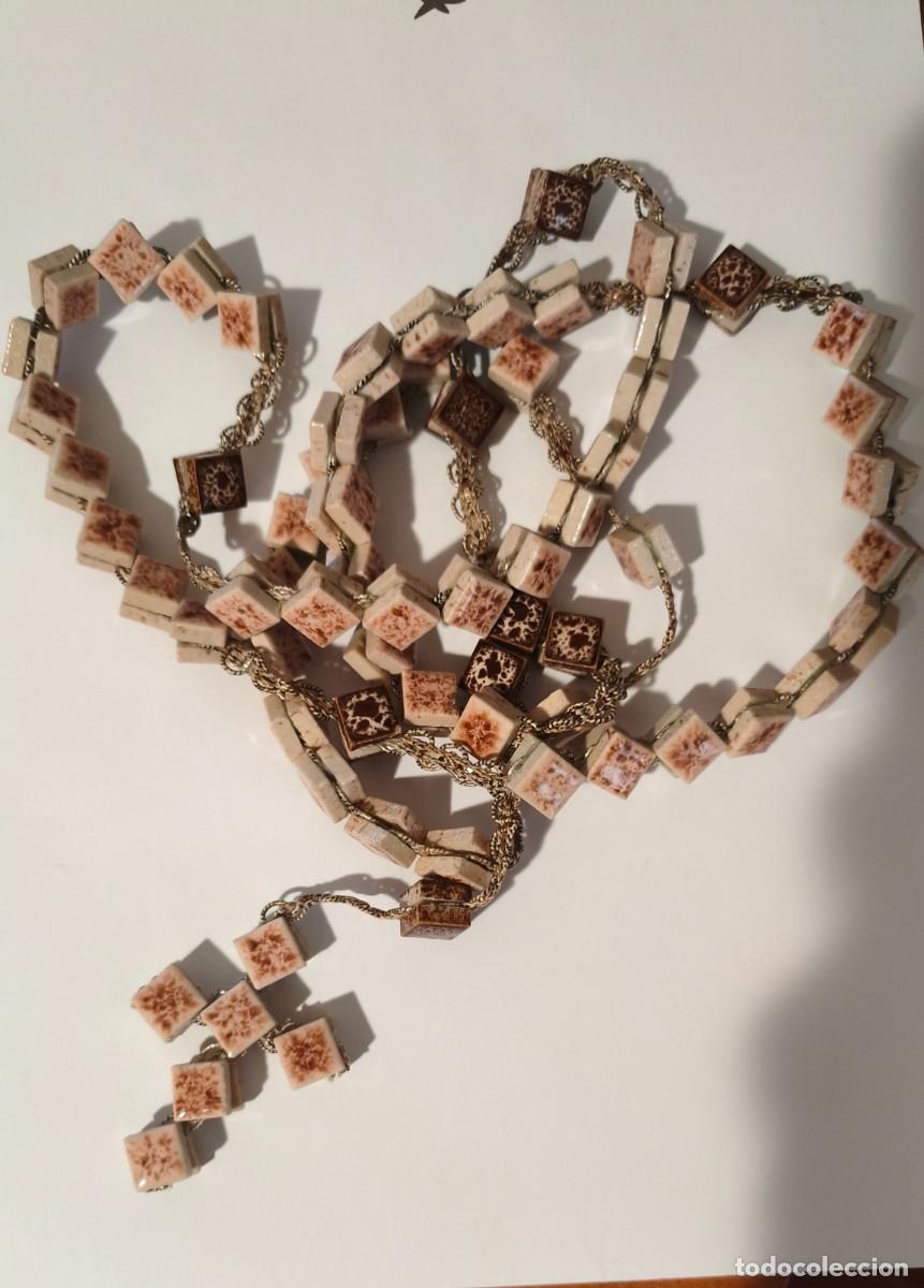 Antig&uuml;edades: Rosario Vintage 85cm Cuentas Cer&aacute;mica Cuadradas Beige Marr&oacute;n Cadena