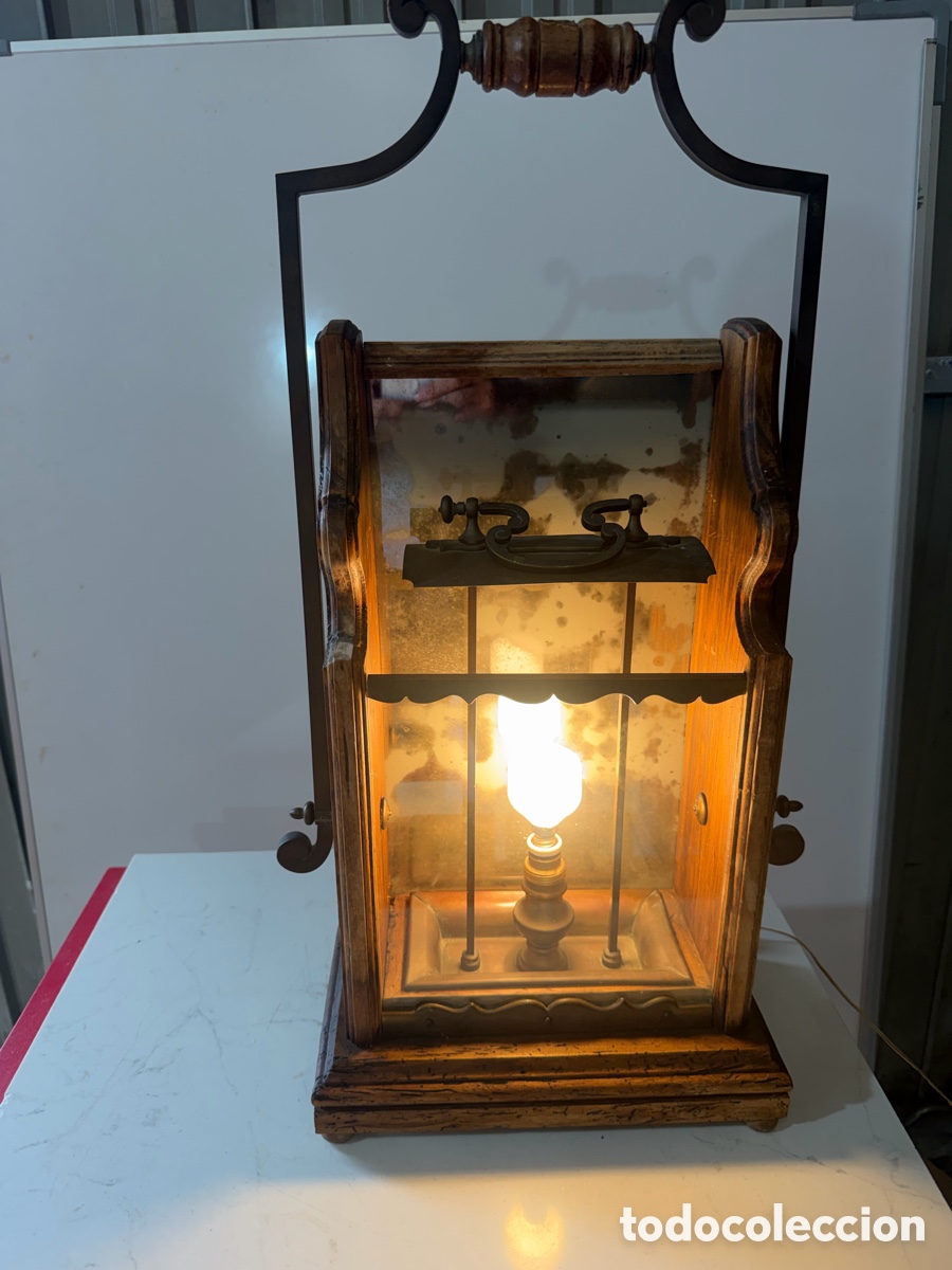 Antig&uuml;edades: Farol r&uacute;stico madera y forja cristal envejecido