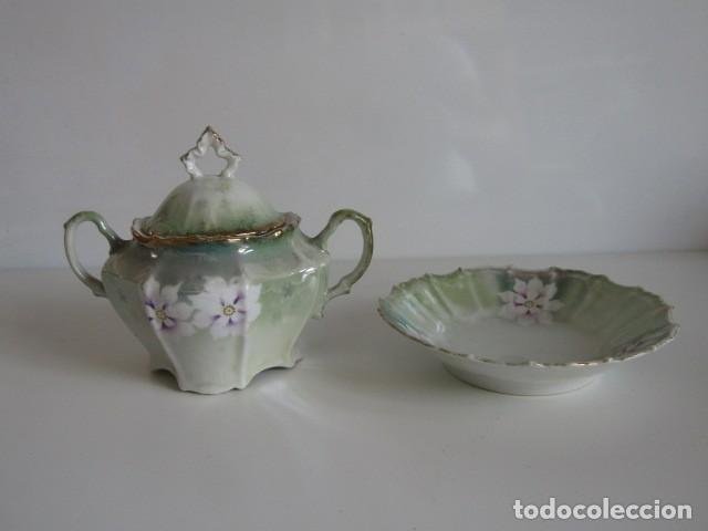 Antig&uuml;edades: PRECIOSO JUEGO DE PLATO Y AZUCARERO PORCELANA ALEMANA SILESIA K ST T - STEINMANN - S.XX - 6 CM