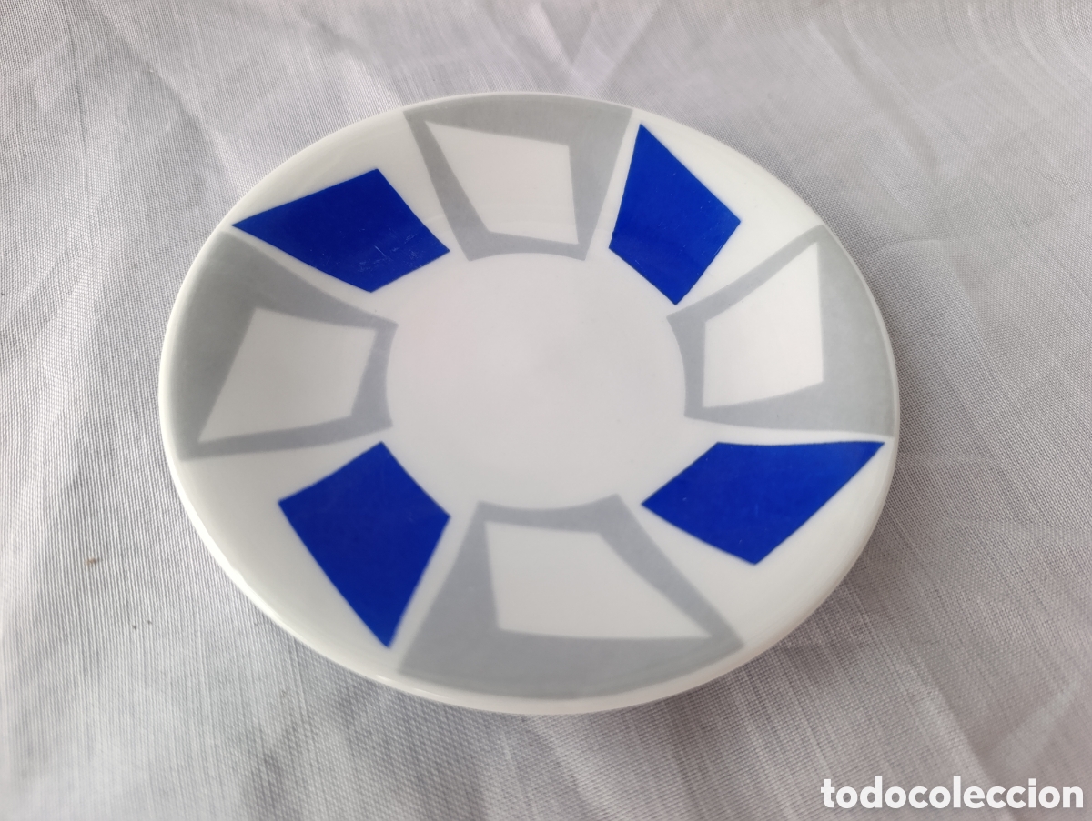 Antig&uuml;edades: Platito / Posavasos Cer&aacute;mica O Castro (Sargadelos) - Dise&ntilde;o Geom&eacute;trico Azul y Gris - &Oslash; 12 cm