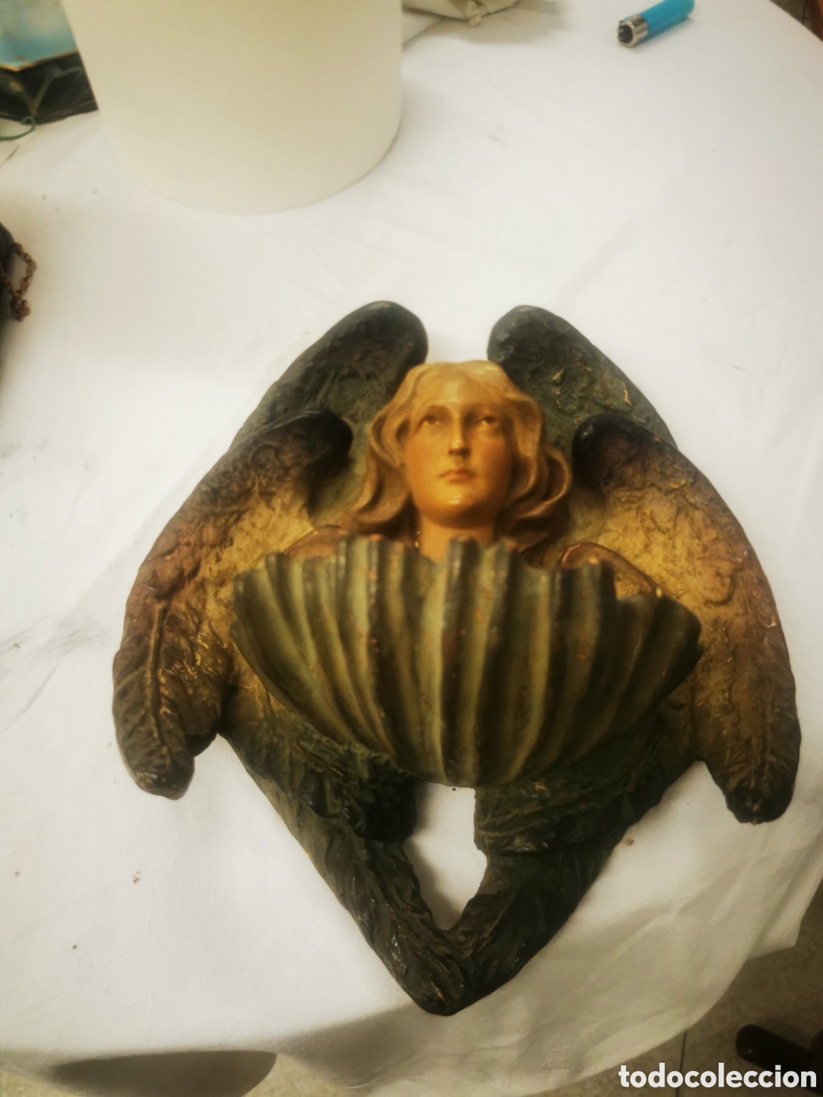 Antig&uuml;edades: Benditero terracota 25 cm fin siglo XIX