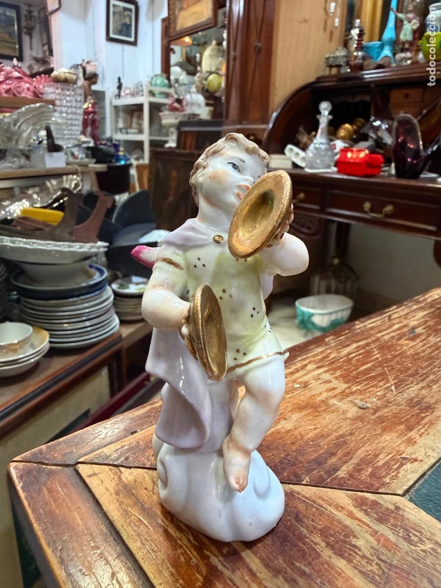 Antig&uuml;edades: ANTIGUO Y PRECIOSO ANGEL QUERUBIN CON INSTRUMENTO MUSICAL DE PORCELANA GALVEZ - MEDIDA 12 CM