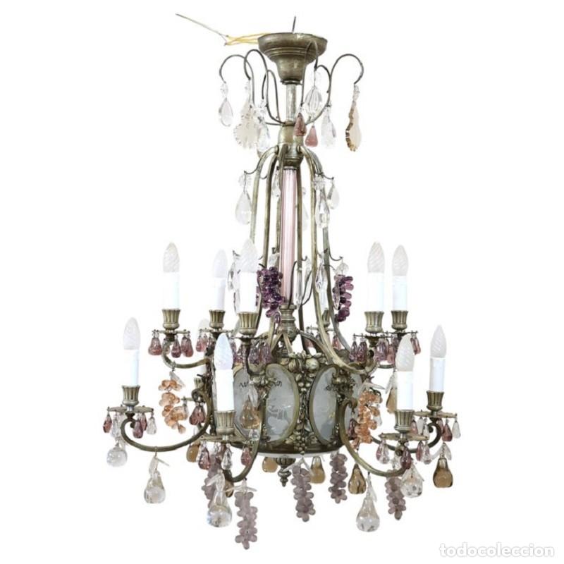 Antig&uuml;edades: L&aacute;mpara de ara&ntilde;a de bronce con colgantes de frutas de cristal, 19 bombillas, Art nouveau