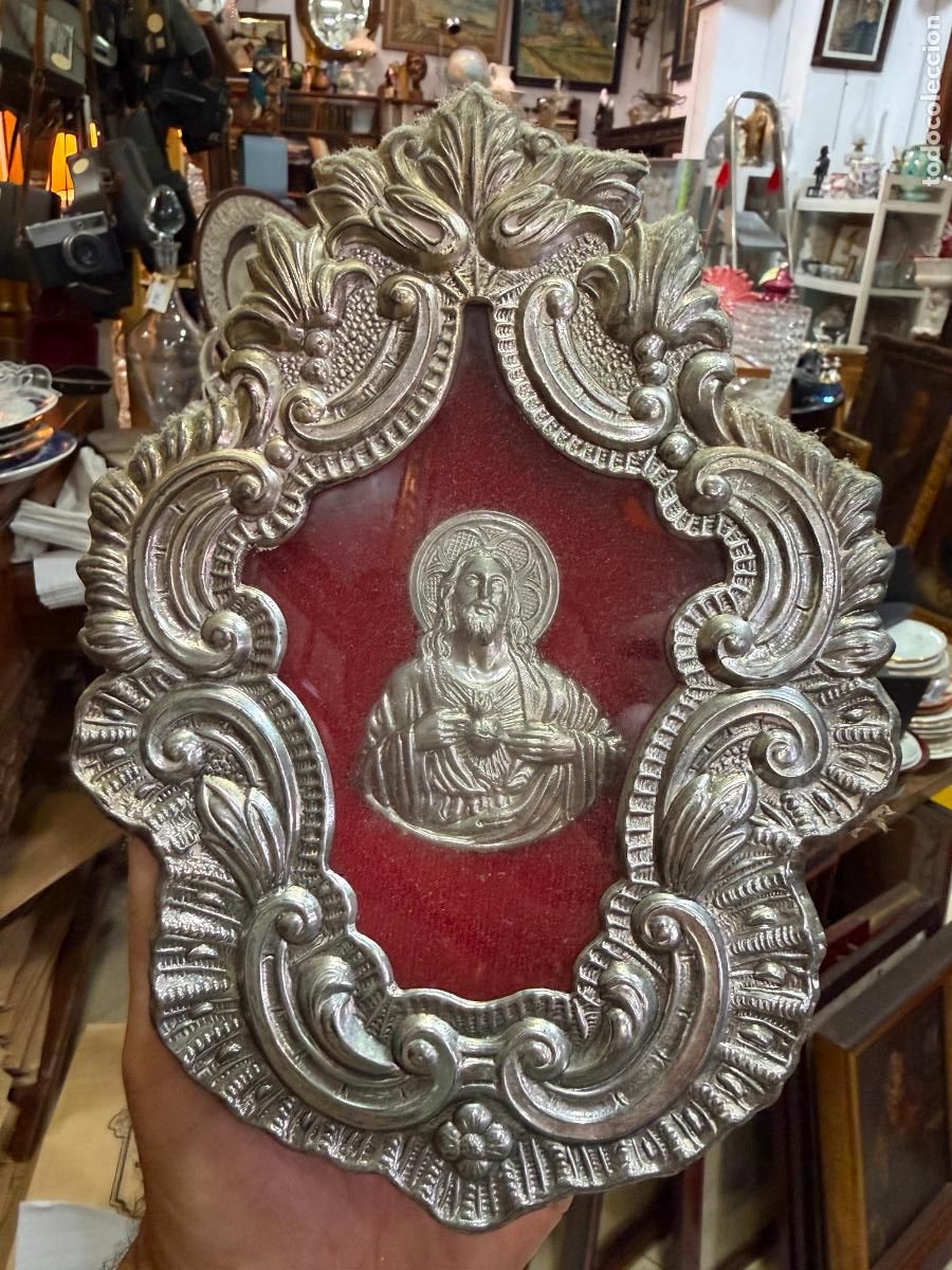 Antig&uuml;edades: ANTIGUO RELICARIO DE ORFEBRERIA DEL SAGRADO CORAZON DE JESUS - MEDIDA 22X16CM