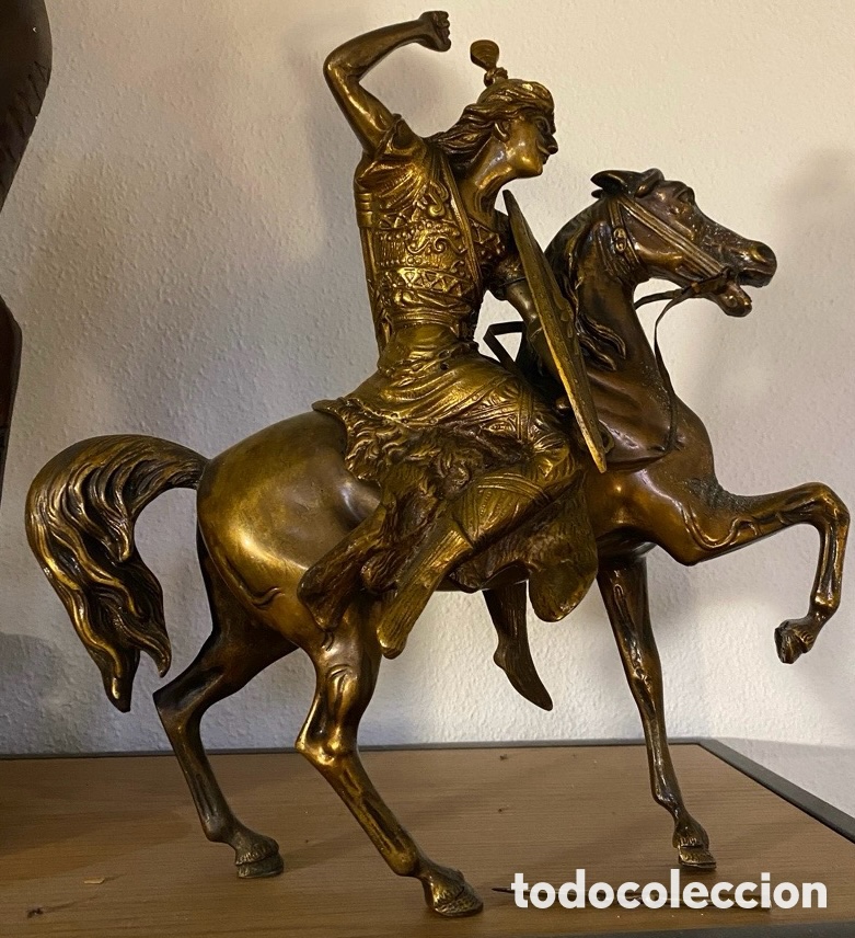 Antiquit&eacute;s: Escultura de bronce macizo jinete &aacute;rabe a caballo con base de m&aacute;rmol s. XX