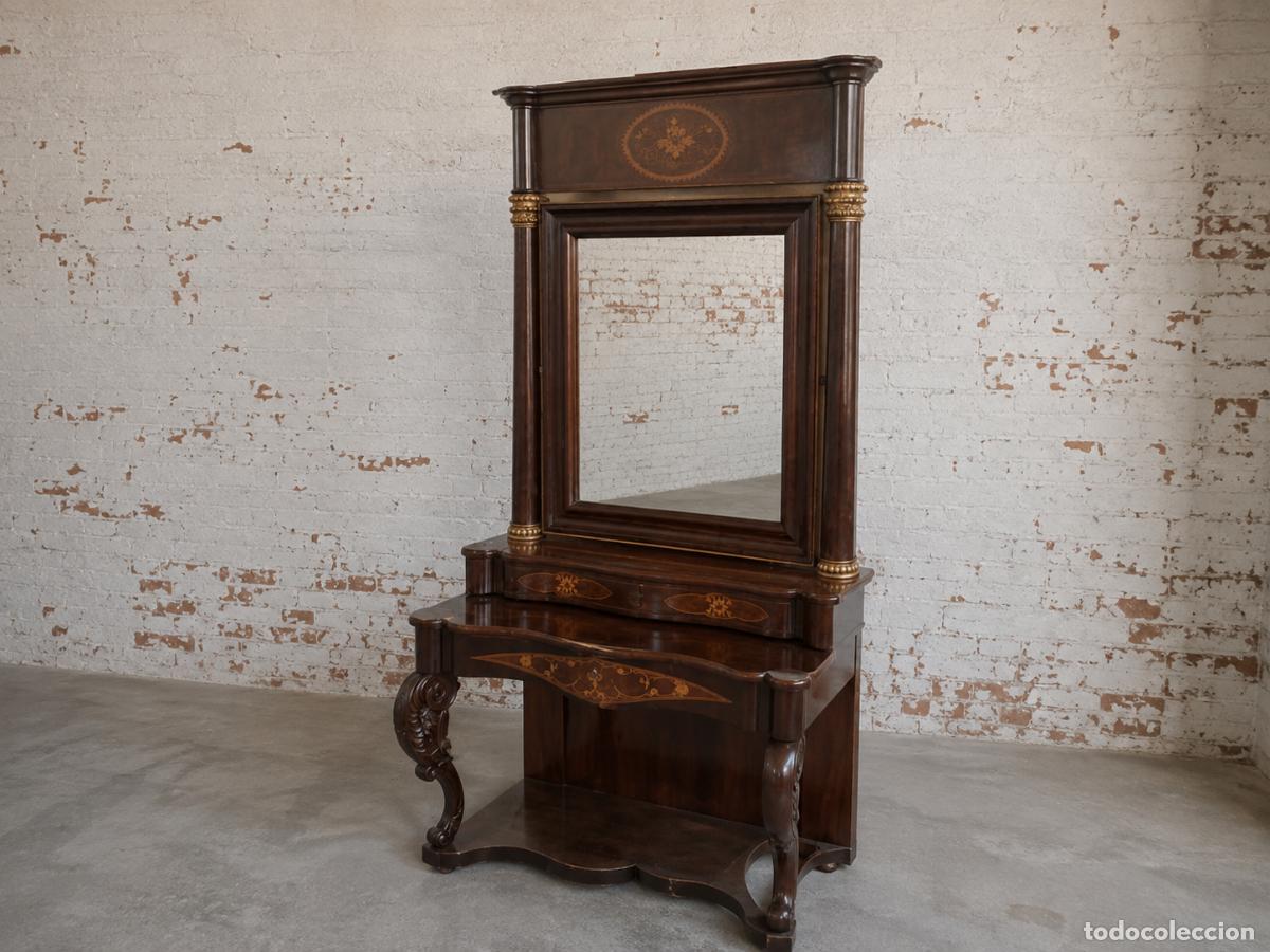 Antig&uuml;edades: Consola antigua estilo Imperio. Mueble Consola antigua con Espejo antiguo estilo Fernandino.