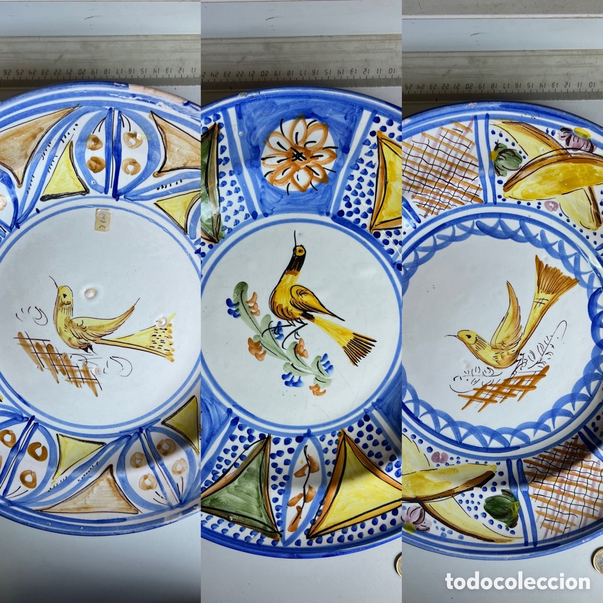 Antig&uuml;edades: Lote 3 grandes platos de cer&aacute;mica pintada a mano &ndash; p&aacute;jaros &ndash; decoraci&oacute;n mediterr&aacute;nea