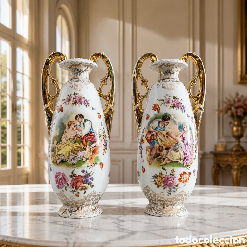 Antig&uuml;edades: MAGN&Iacute;FICA PAREJA DE JARRONES , ANFORAS EN PORCELANA ALEMANA SCHIERHOLZ. FINALES SIGLO XIX&nbsp; . 27 CM
