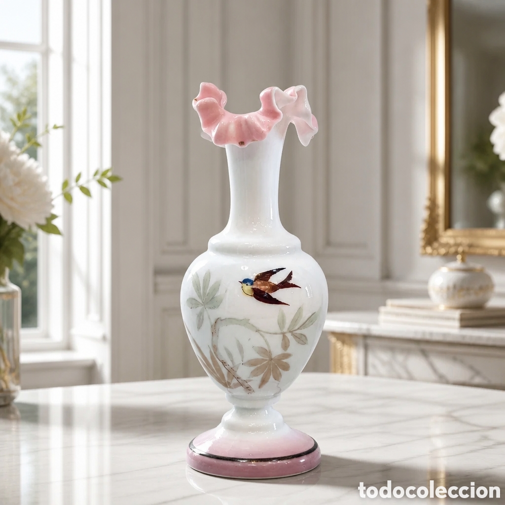 Antig&uuml;edades: Antiguo jarr&oacute;n florero de opalina blanca con dibujo de golondrina con borde rizado siglo XIX. 21 cm